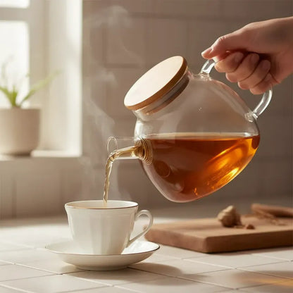 Tetera Vidrio Con Infusor 1 Litro Y Tapa Bambú Transparente