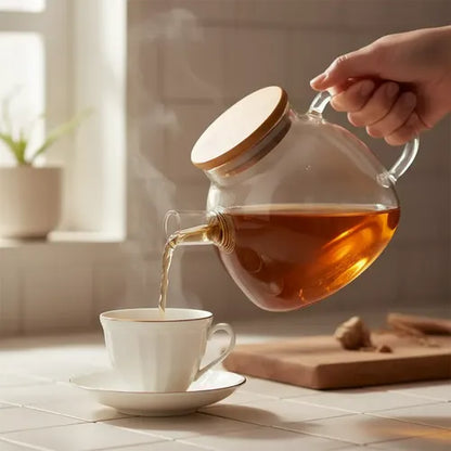 Tetera Vidrio Con Infusor 1 Litro Y Tapa Bambú Transparente