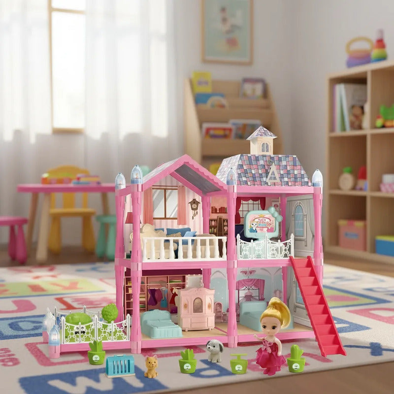 Casa De Muñecas Armable 71 Piezas Villa Role Play Set Rosa