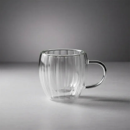 Pack 4 Vasos De Vidrio Doble Pared Rayado 150 Ml Con Asa Vidrio Liso