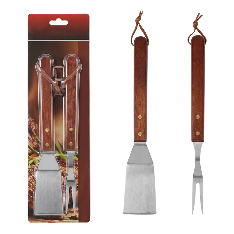 Set Parrillero Espátula Tenedor Acero Bbq Asado