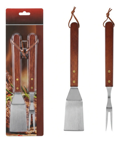 Set Parrillero Espátula Tenedor Acero Bbq Asado