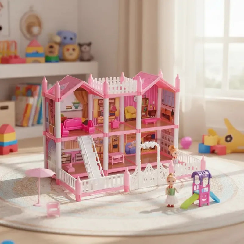 Casa De Muñecas 2 Pisos Con Accesorios Niña Rosado Rosa