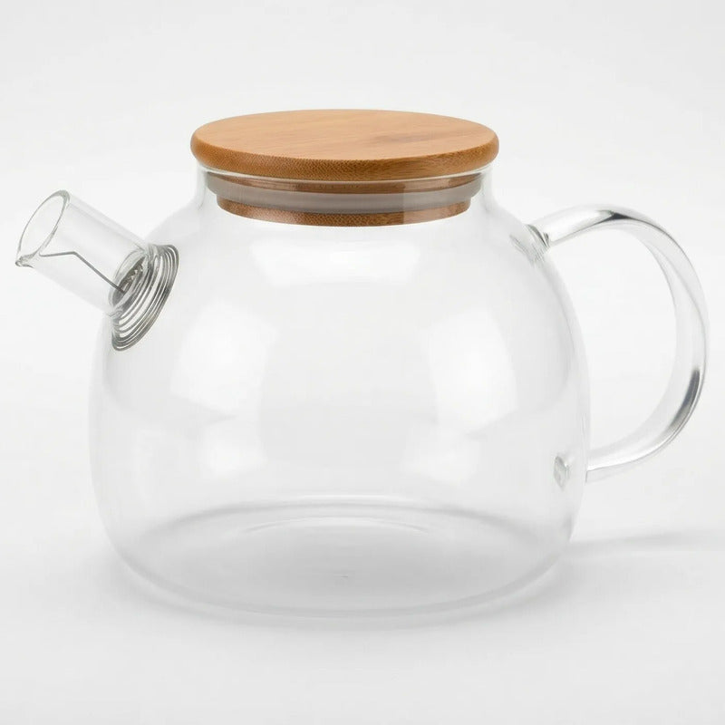 Tetera Vidrio Con Infusor 1 Litro Y Tapa Bambú Transparente