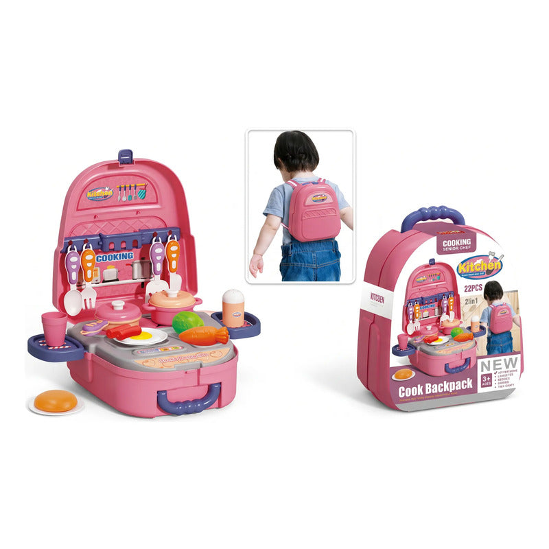 Mochila Cocina Infantil 2 En 1 Con Accesorios Rosa