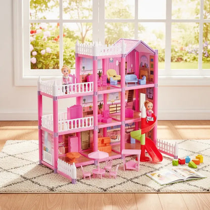 Casa De Muñecas 3 Pisos Con Accesorios Niña Rosado Rosa