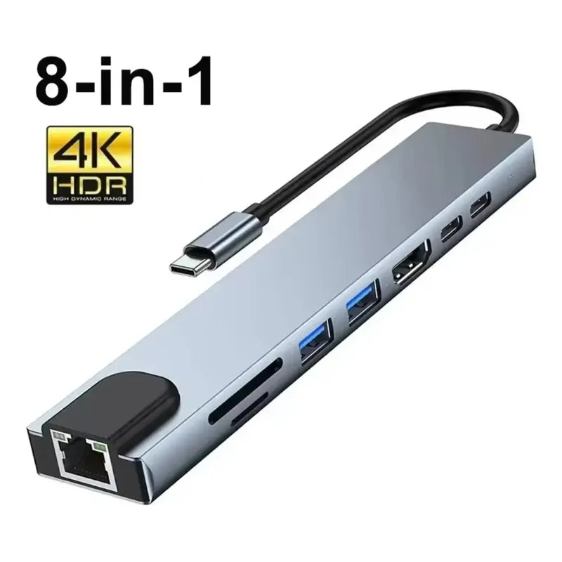 Adaptador Hub 8 En 1usb Dual Usb C A Hdmi, Tarjeta Sd/tf Usb Gris