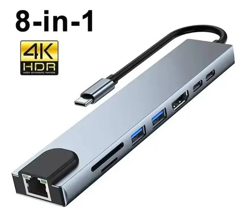 Adaptador Hub 8 En 1usb Dual Usb C A Hdmi, Tarjeta Sd/tf Usb Gris