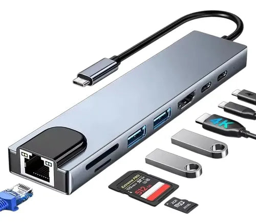 Adaptador Hub 8 En 1usb Dual Usb C A Hdmi, Tarjeta Sd/tf Usb Gris