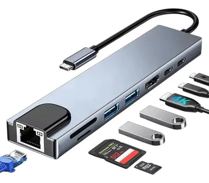 Adaptador Hub 8 En 1usb Dual Usb C A Hdmi, Tarjeta Sd/tf Usb Gris