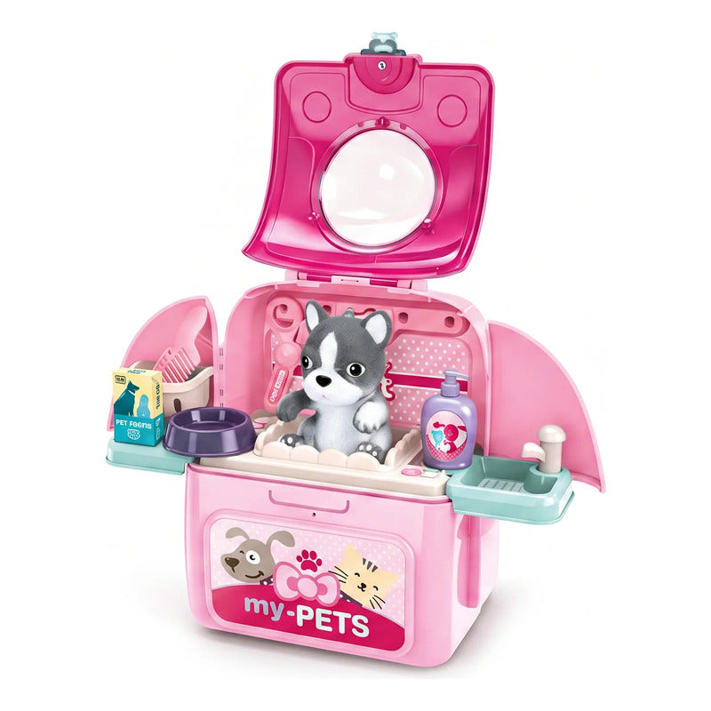 Juguete Set Mochila De Veterinario Mascotas Para Niños Rosa Chicle