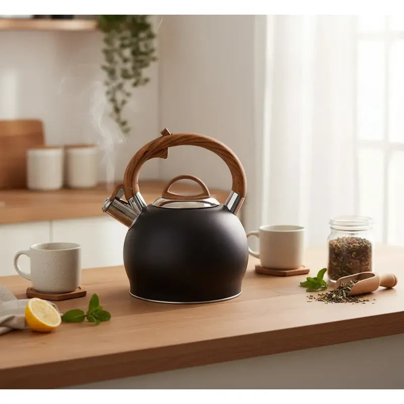 Tetera Acero Inoxidable Con Silbato 2,5lts Manilla De Madera Negro