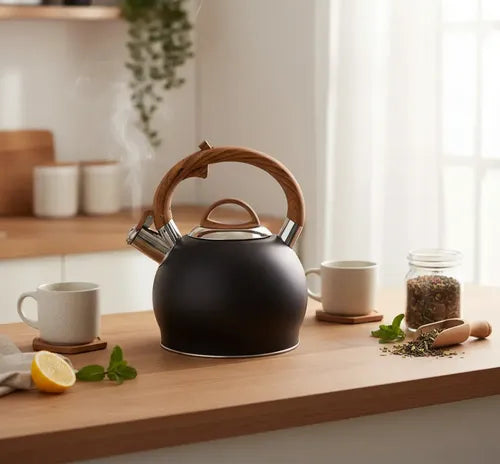 Tetera Acero Inoxidable Con Silbato 2,5lts Manilla De Madera Negro