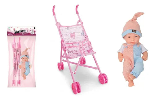 Muñeca Con Coche De Juguete Rosa