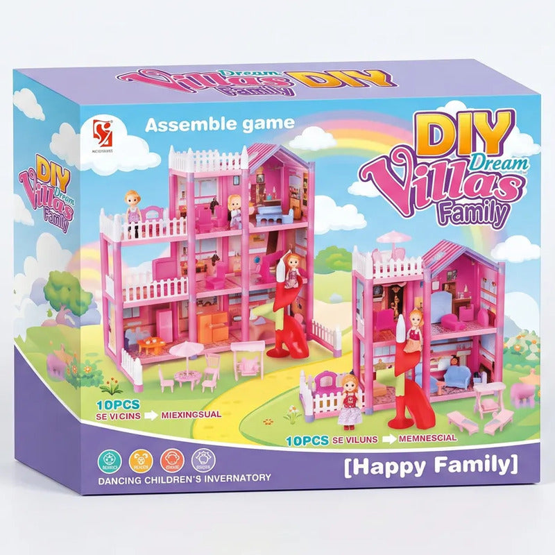 Casa De Muñecas 3 Pisos Con Accesorios Niña Rosado Rosa