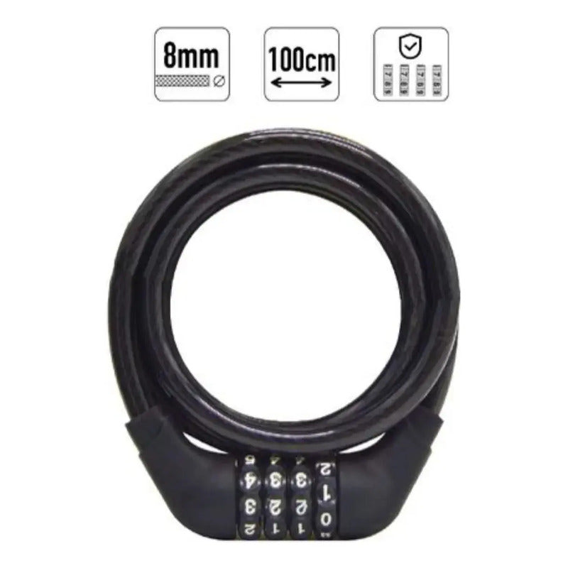 Candado Bicicleta Con Clave 1 Metro Cable Acero Seguridad An Negro