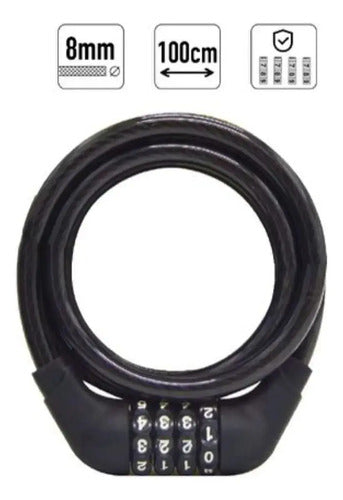 Candado Bicicleta Con Clave 1 Metro Cable Acero Seguridad An Negro