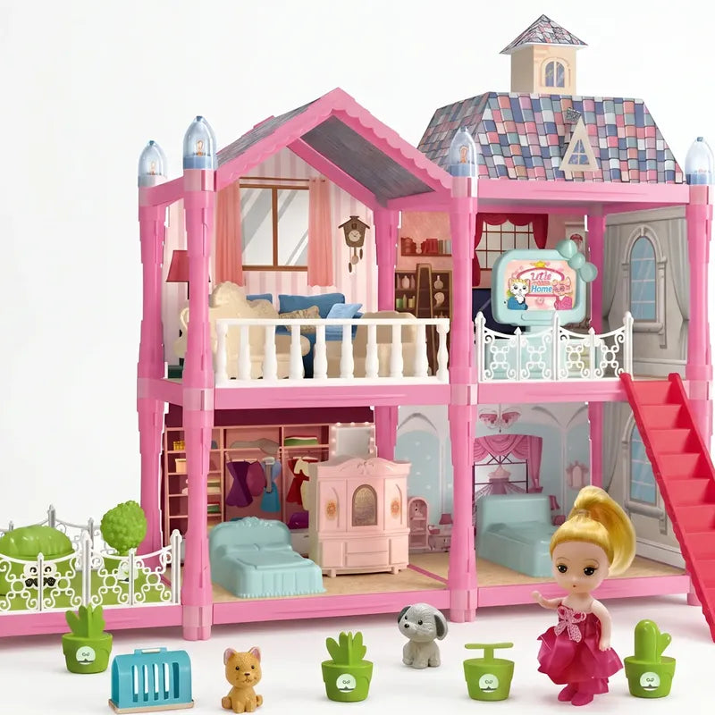 Casa De Muñecas Armable 71 Piezas Villa Role Play Set Rosa
