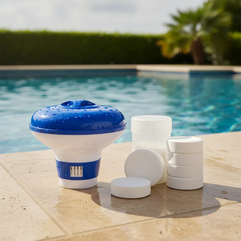 Dispensador De Cloro Para Piscina + Tabletas De Cloro 1 Kg Azul
