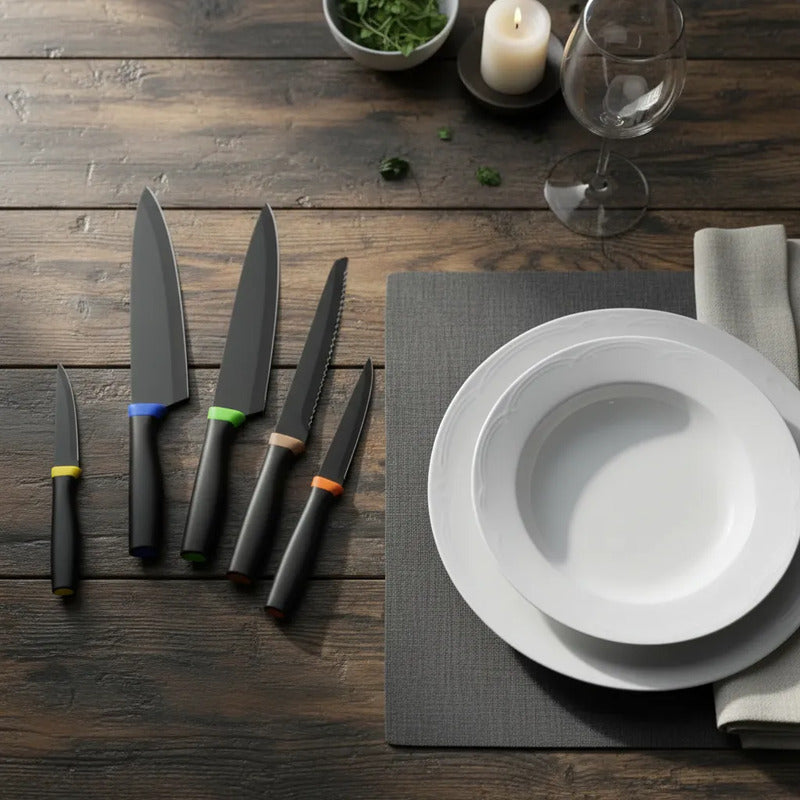 Set 6 Cuchillos Mango Plástico Negro