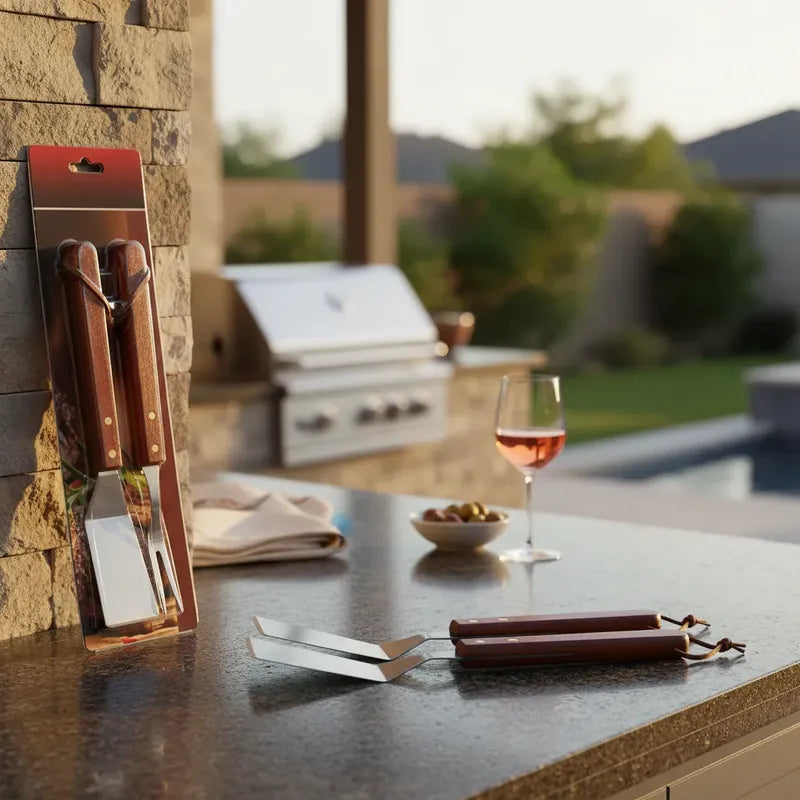 Set Parrillero Espátula Tenedor Acero Bbq Asado