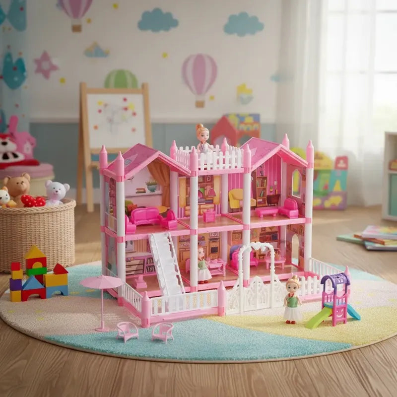Casa De Muñecas 2 Pisos Con Accesorios Niña Rosado Rosa