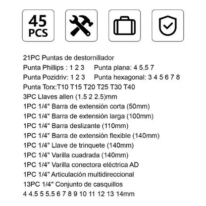 Maletín Juego De Herramientas Dados 45 Pcs Acero Carbono Negro