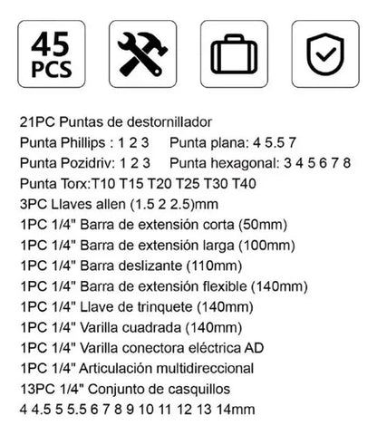 Maletín Juego De Herramientas Dados 45 Pcs Acero Carbono Negro