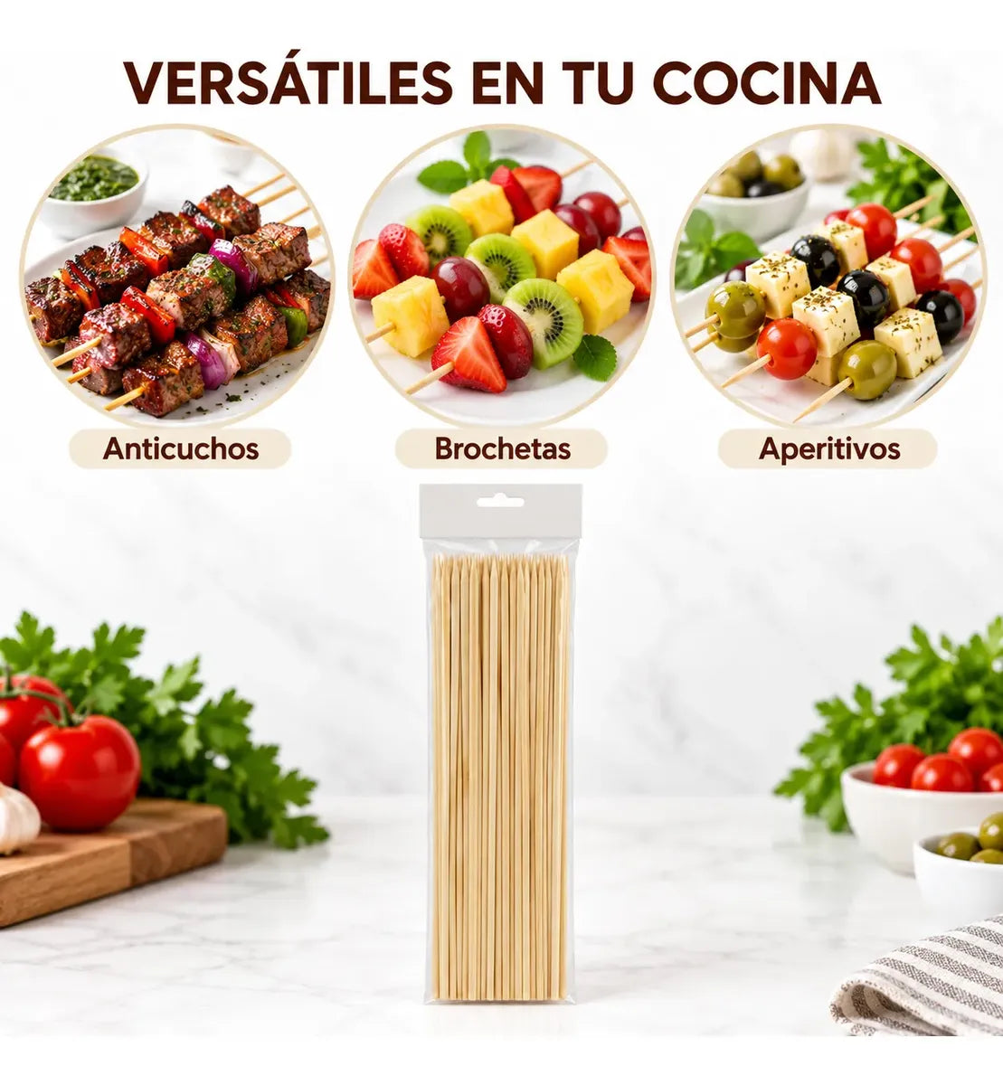 Palos para Anticuchos Brochetas Bambú 3mm X30 Cm 80 Piezas Beige