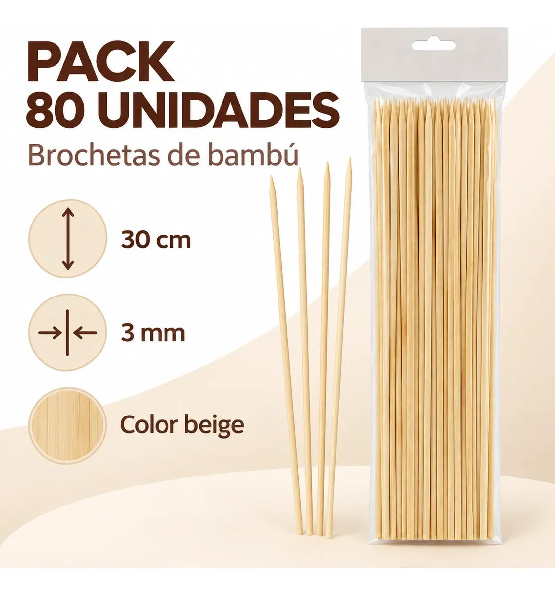Palos para Anticuchos Brochetas Bambú 3mm X30 Cm 80 Piezas Beige