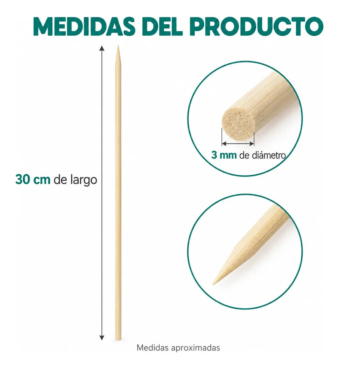 Palos para Anticuchos Brochetas Bambú 3mm X30 Cm 80 Piezas Beige