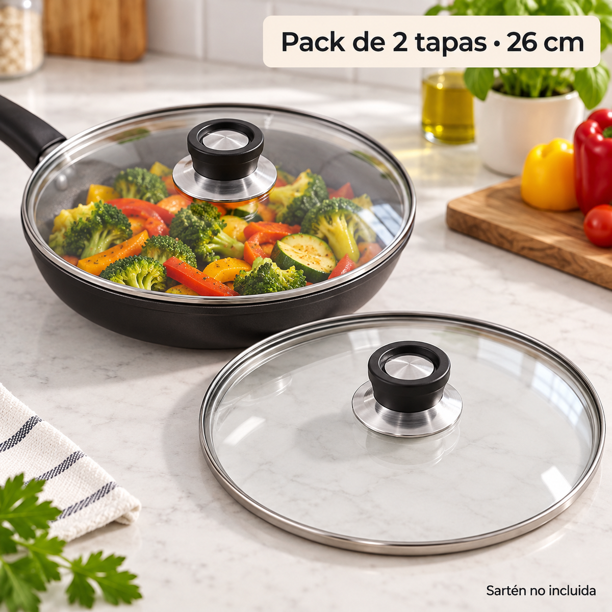 Pack 2 tapa de Cristal 26 Cm para Sartén, Ollas Vidrio