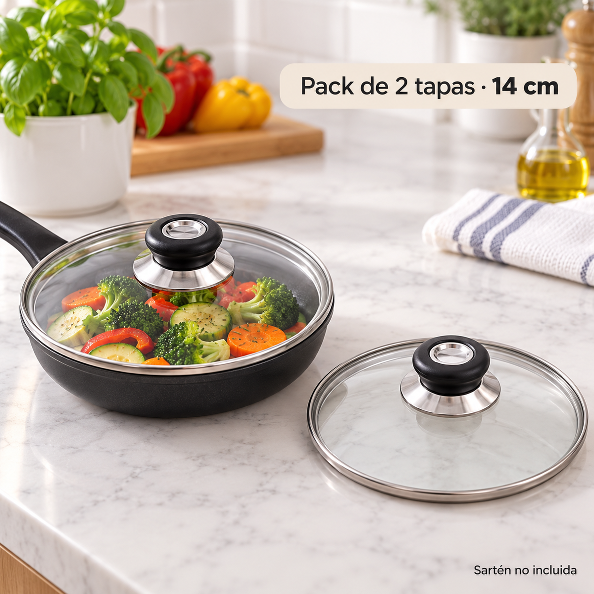 Pack 2 tapa de Cristal 14 Cm con Mango para Sartén, Ollas Vidrio