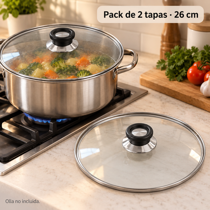Pack 2 tapa de Cristal 26 Cm para Sartén, Ollas Vidrio