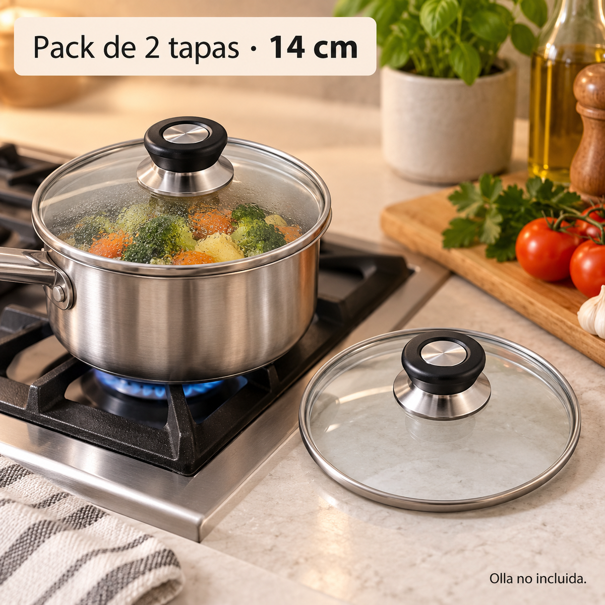 Pack 2 tapa de Cristal 14 Cm con Mango para Sartén, Ollas Vidrio
