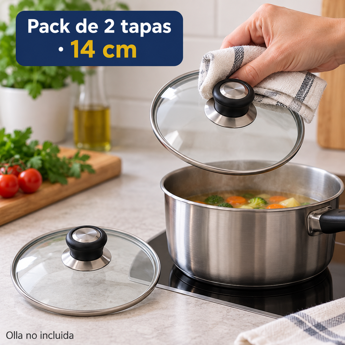 Pack 2 tapa de Cristal 14 Cm con Mango para Sartén, Ollas Vidrio