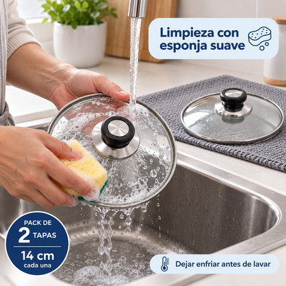 Pack 2 tapa de Cristal 14 Cm con Mango para Sartén, Ollas Vidrio