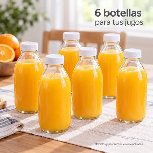 Pack 6 Frascos De Vidrio Para Jugos Con Tapa Plástica 300ml