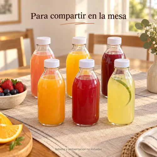 Pack 6 Frascos De Vidrio Para Jugos Con Tapa Plástica 300ml