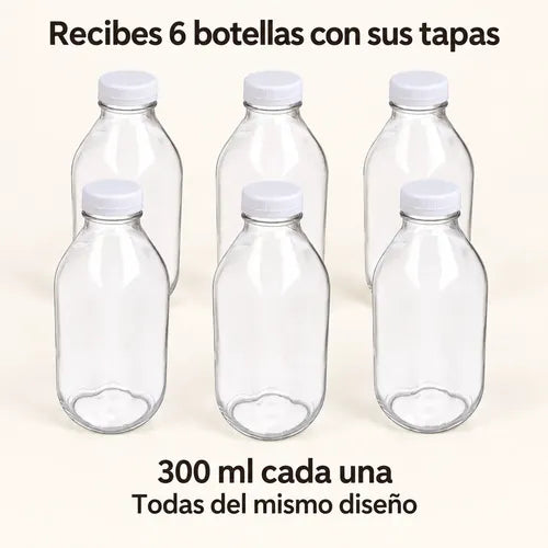 Pack 6 Frascos De Vidrio Para Jugos Con Tapa Plástica 300ml