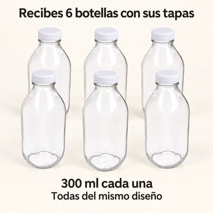 Pack 6 Frascos De Vidrio Para Jugos Con Tapa Plástica 300ml