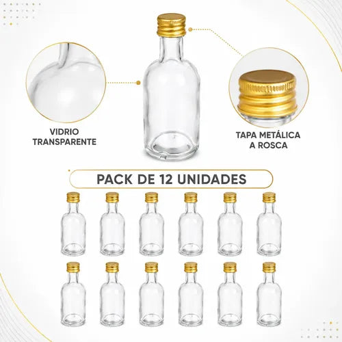Pack 12 Mini Botellas De Vidrio 50ml Con Tapa Metálica