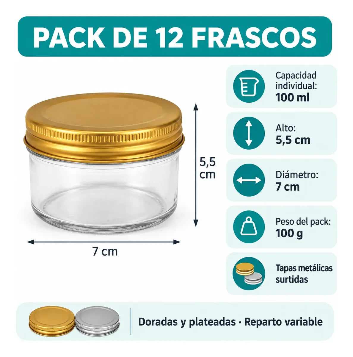 Pack 12 Frascos De Vidrio 100ml Tapa Metalica