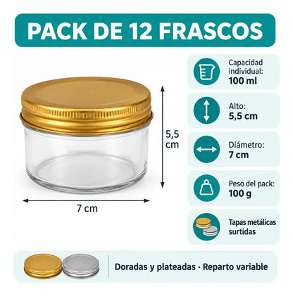 Pack 12 Frascos De Vidrio 100ml Tapa Metalica