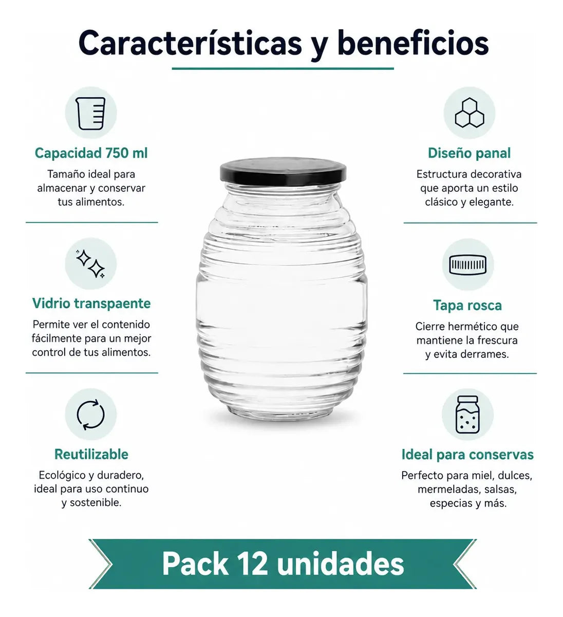 Pack 12 Frasco Conservero De Vidrio Panal 750ml
