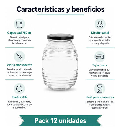 Pack 12 Frasco Conservero De Vidrio Panal 750ml