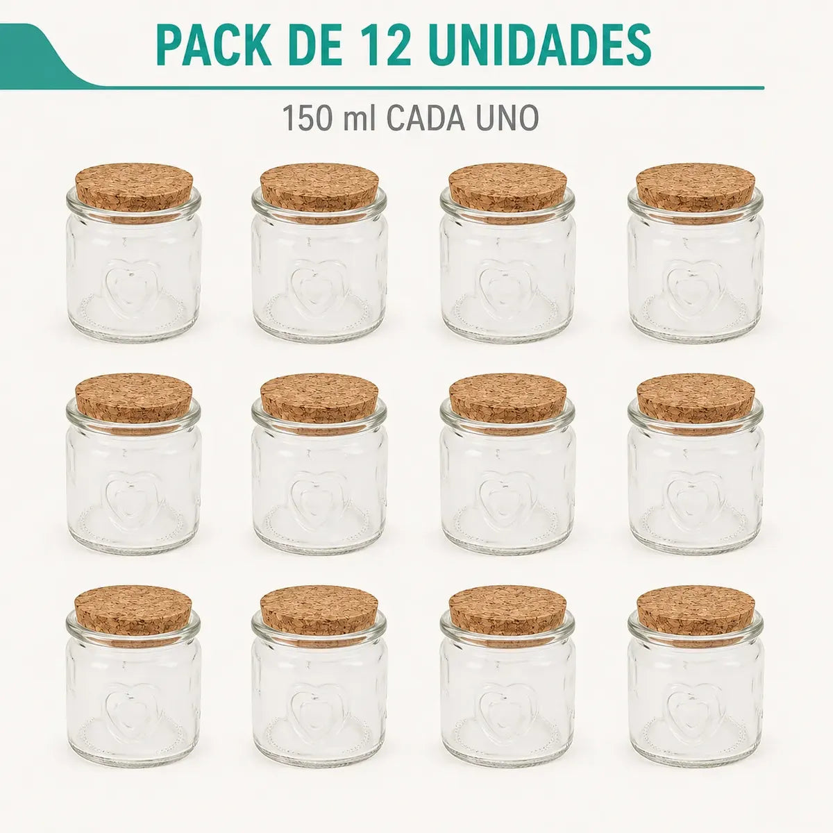 Pack 12 Frascos Vidrio 150ml Tapa Corcho Para Postres