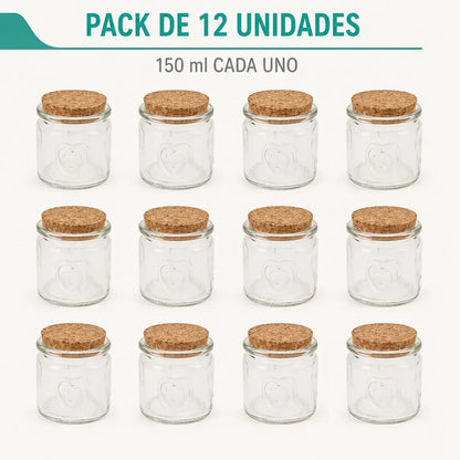Pack 12 Frascos Vidrio 150ml Tapa Corcho Para Postres