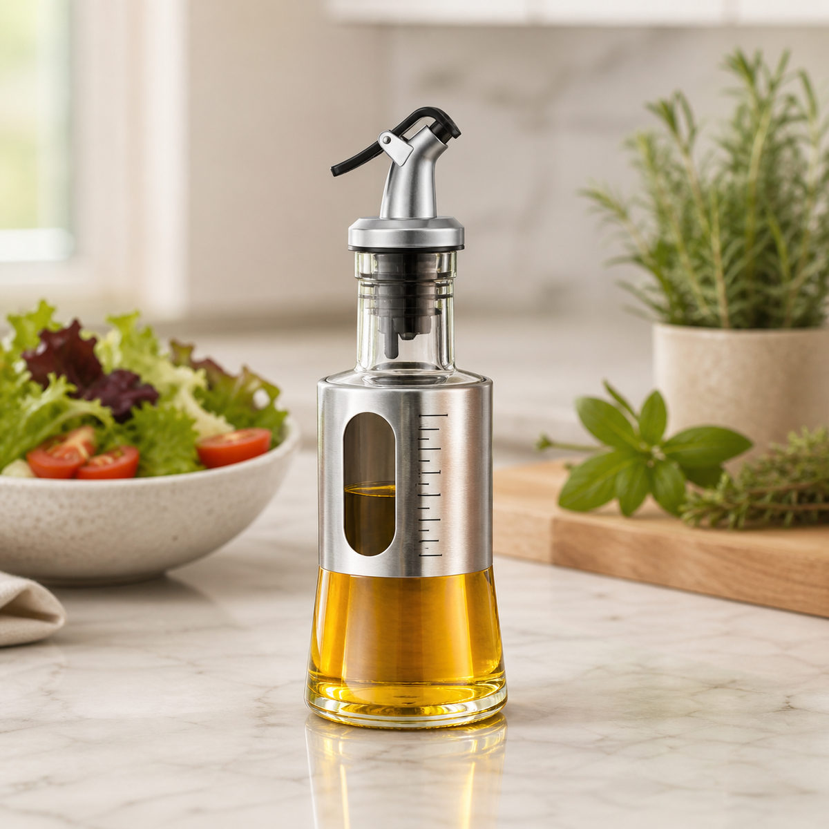 Aceitero de Vidrio y Acero Inoxidable 200 ml - contexto de uso en cocina