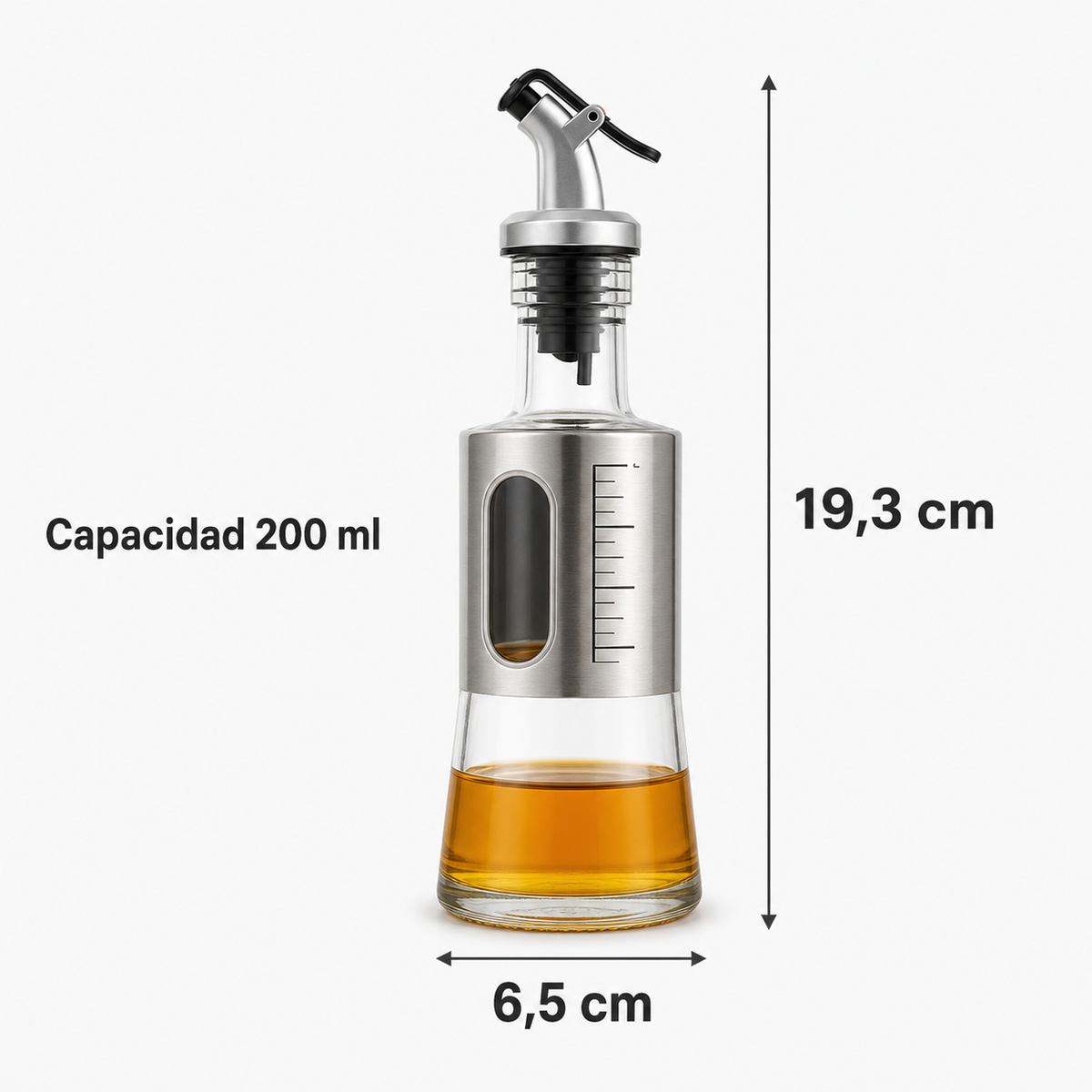 Aceitero de Vidrio y Acero Inoxidable 200 ml - medidas 19,3 cm por 6,5 cm